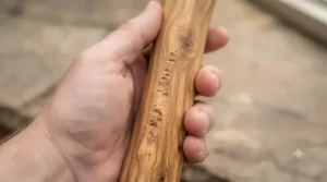 A close-up shot of a sturdy olive wood dog chew being held in a human hand, clearly showing small, safe tooth marks from a dog's enthusiastic chewing.