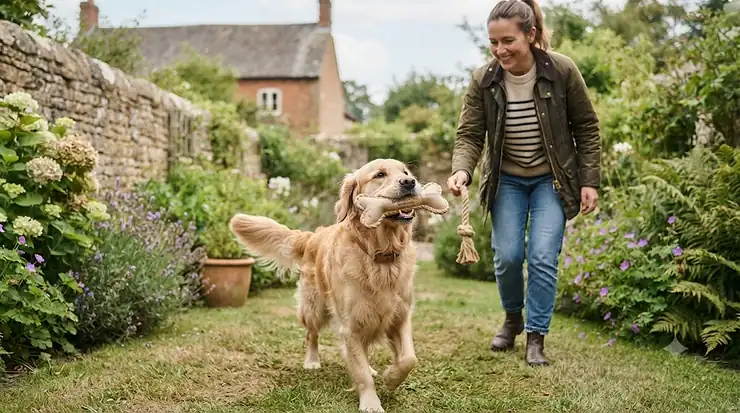 Dog playing in a garden with a durable, plastic-free eco-friendly dog toy eco friendly dog toys