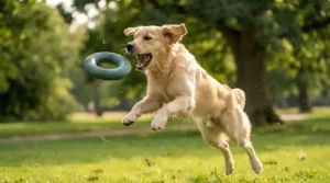 Golden Retriever catching an eco-friendly natural rubber fetch ball in a garden.