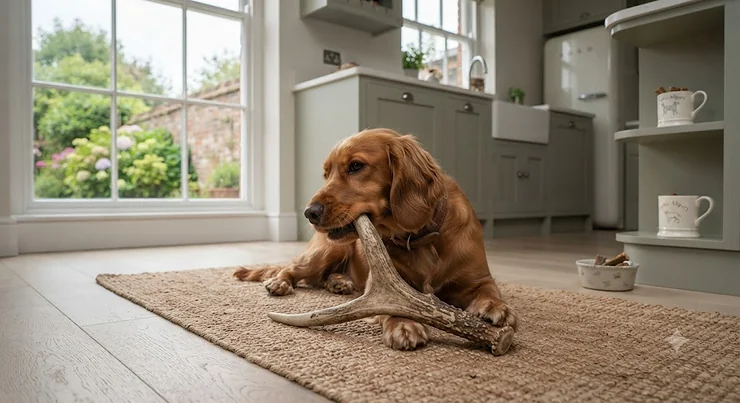 A side-by-side comparison of an elk antler and a deer antler on a wooden surface, showing the size and density difference for choosing the best long-lasting chew for dogs. elk antler vs deer antler for dogs which is better