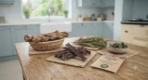 A flat lay composition of premium raw ingredients including beef sinew, venison strips, rosemary, thyme, and kelp, with a UK-sourced branded tag.