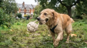 An active Golden Retriever running on grass with a rope ball dog toy in its mouth.
