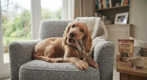 A contented Cocker Spaniel relaxing on a grey armchair in a living room, chewing on a natural collagen twist.