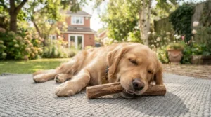 A content dog lying down comfortably while holding its natural coffee wood dog chew.