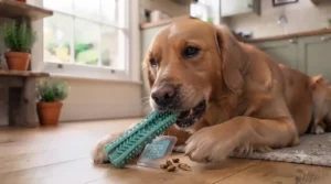 A golden retriever biting a ridged dental health stick, a popular heavy-duty dog chew for large breeds.