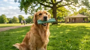 A golden retriever sitting proudly in a British park holding a heavy-duty dog chew for large breeds.