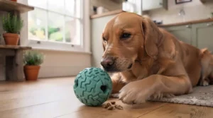 A golden retriever interacting with a treat-dispensing heavy-duty dog chew for large breeds on a kitchen floor.