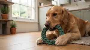 A golden retriever lying on a rug indoors holding a textured heavy-duty dog chew for large breeds.