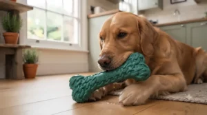 A golden retriever chewing on a durable natural rubber bone, designed as a heavy-duty dog chew for large breeds.