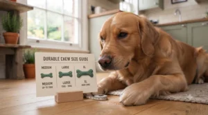 A golden retriever looking at a helpful size guide chart for choosing the correct heavy-duty dog chew for large breeds.