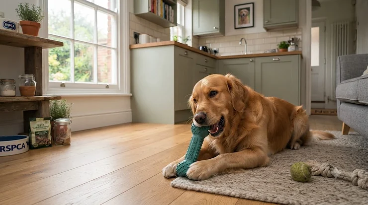 A golden retriever playing in a modern kitchen with a selection of heavy-duty dog chews for large breeds. heavy duty dog chews for large breeds