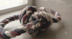 A well-used but intact braided rope toy, demonstrating its long-lasting durability against enthusiastic chewing.