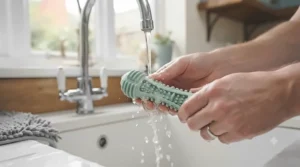 A person rinsing a rubber dog dental chew toy under a kitchen tap to keep it clean.