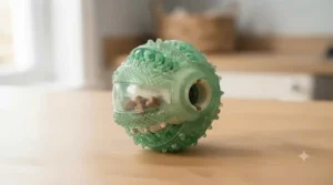 Interactive green spiky ball dental chew toy that dispenses treats