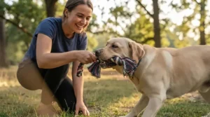Owner and pet enjoying interactive play using a robust multi-knot rope toy.
