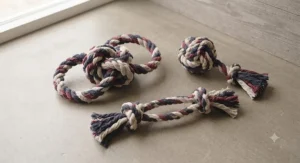 A collection of various knotted rope toy shapes, including figure-eight and ball-knot designs for varied play.