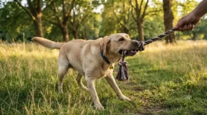 A large dog playing tug-of-war with a multi-knot rope toy in a park.