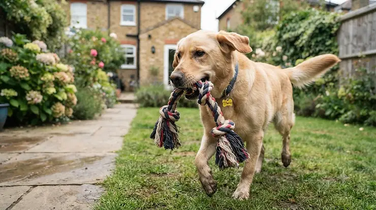 Durable multi-knot rope dog toy designed for large breeds playing in a garden. multi knot rope dog toys for large dogs