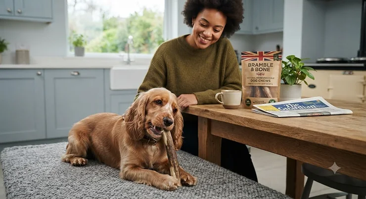 A woman smiles in a modern kitchen while her Cocker Spaniel chews on a natural, biodegradable treat from a branded UK pouch. biodegradable dog chews