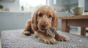 A Cocker Spaniel puppy lies comfortably while gently gnawing on a soft, natural rabbit-ear chew.