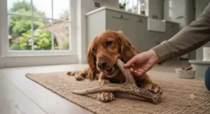 A visual representation of natural minerals found in antlers, such as calcium and phosphorus, which support healthy dog teeth and bones.