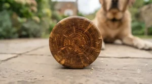 A focused view of the rough, bark-edged end of an entire olive wood log, showing the transition from the outer bark to the intricate, marbled heartwood grain.