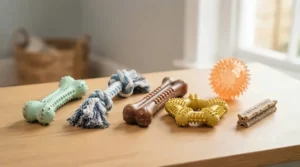 Assortment of durable dog dental chew toys including bones and rope