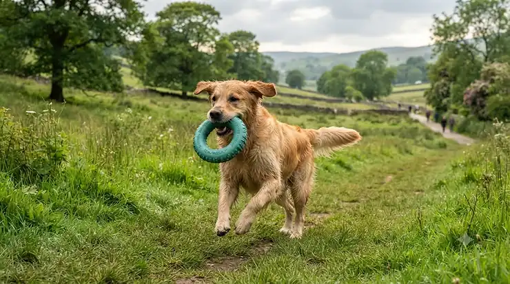 A dog fetching a natural rubber eco dog toy in a green British park, eco-friendly pet play. natural rubber eco dog toys