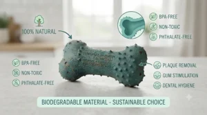 Infographic illustrating the non-toxic, chemical-free benefits of a natural rubber eco dog toy.