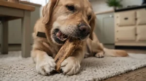 Olive wood chew helping to clean a dog's teeth and reduce plaque.