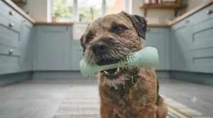 A dog owner playing fetch in a park using a colourful dental chew toy.