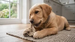 A young puppy safely gnawing on a smaller, softer split antler chew.