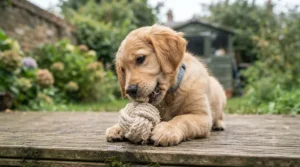A playful puppy chewing on a soft rope ball dog toy in a garden setting.