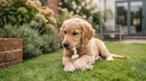 A young Golden Retriever puppy chewing on a small, soft, intact rope teething toy in a garden.