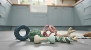 An assortment of different shaped dental chew toys displayed on a table.