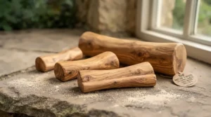 A selection of four different sized olive wood dog chews, arranged from small to extra-large, displayed on a weathered Cotswold stone ledge by a window.