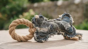 A soft, machine-washable dog toy made from recycled cotton