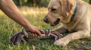 Scale comparison showing a multi-knot rope toy held next to a large dog for size reference.