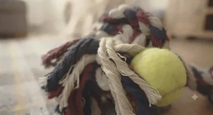 A scale comparison showing a robust, thick-knotted rope toy next to a tennis ball for size reference.