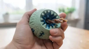 A colourful dental chew ball held in a hand to show scale and texture.