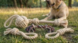 A selection of colourful multi-knot rope dog toys made from natural, non-toxic cotton.