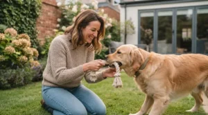 A woman closely supervising her Golden Retriever as it plays gently with an intact braided rope toy in a garden setting.
