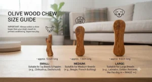An educational infographic size chart illustrating small, medium, and large olive wood chews for different breed sizes.