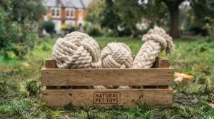 A wooden crate containing a set of three varying rope ball dog toys for various breeds.