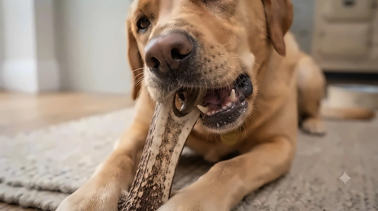 A dog chewing on a split antler to help naturally clean teeth and gums. split antler dog chews