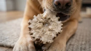 Close-up view of the porous, tasty marrow inside a split deer antler.