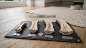 A size comparison guide showing different lengths of split deer antlers for dogs.