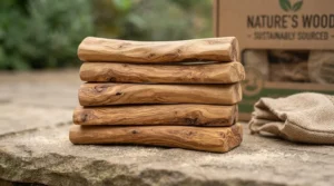 A neatly stacked pile of five assorted natural olive wood dog chews, showing their varied shapes and beautiful, swirling grain patterns on a rustic stone surface.
