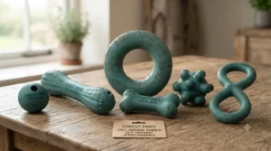 Full range of eco-friendly natural rubber dog toys displayed in various shapes and earthy colours.