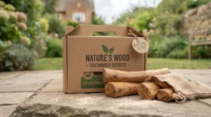 Eco-friendly, branded cardboard packaging for 'Nature's Wood' olive branch chews, sitting on a stone patio with loose chews and a hessian sack.